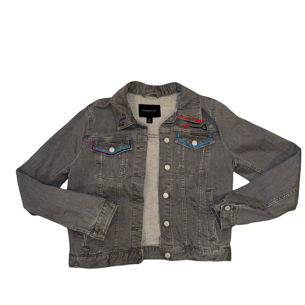 Banana Republic Denim Jacket Womens Gray Hand Embroidered Trucker Small